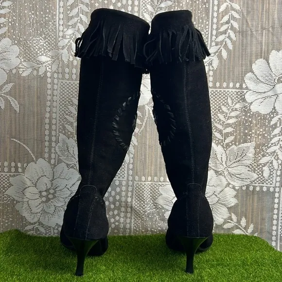 Bronx Vintage Boho Suede Gypsy Moccasins Fringe Tassel Kitten Heel Boots