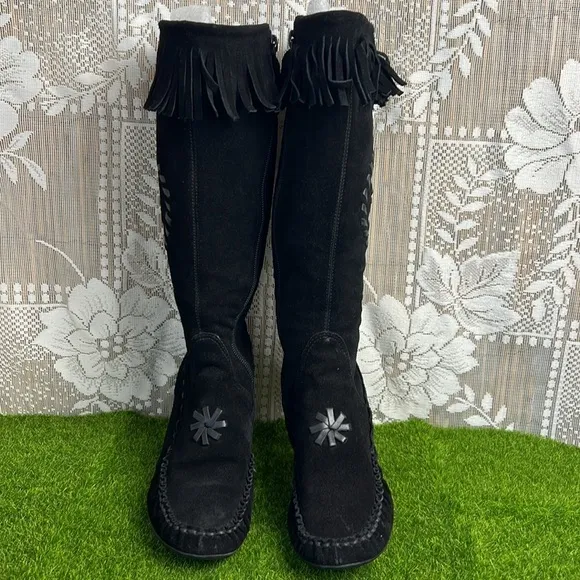 Bronx Vintage Boho Suede Gypsy Moccasins Fringe Tassel Kitten Heel Boots