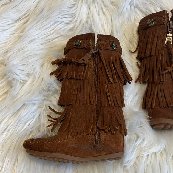 Brown Suede Mid-Calf Boots with Fringe Detail