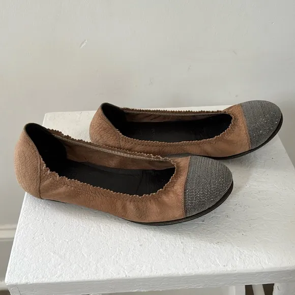 Brunello Cucinelli Leather Ballerina Flats with Silver Meche 36