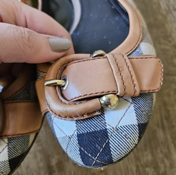 Burberry House Nova Check Quilted Pattern Buckle Leather Canvas Flats