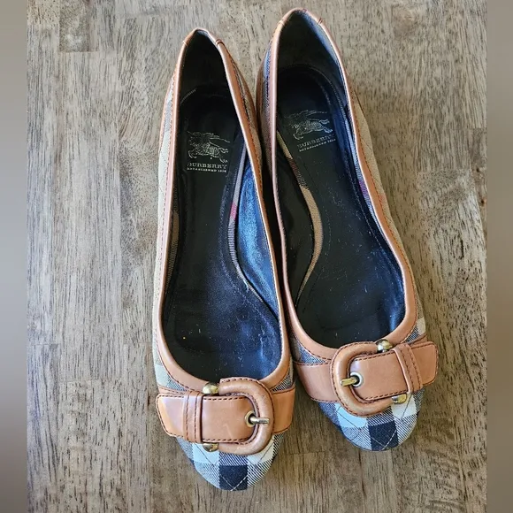 Burberry House Nova Check Quilted Pattern Buckle Leather Canvas Flats
