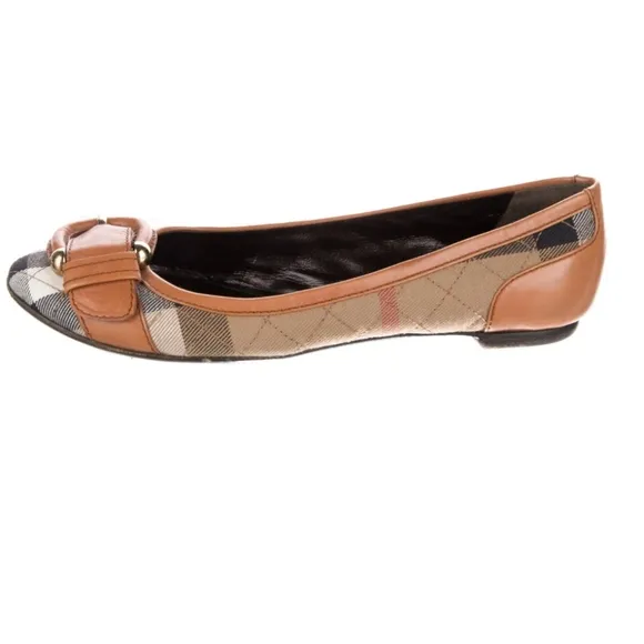 Burberry House Nova Check Quilted Pattern Buckle Leather Canvas Flats