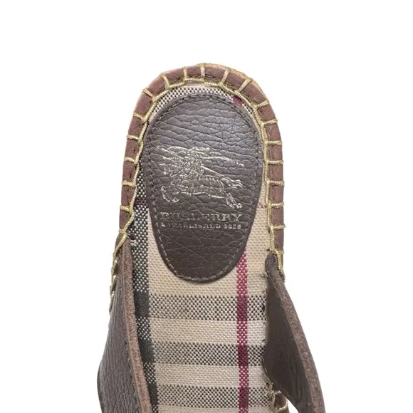 Burberry Nova Check Brown Leather Espadrille Wedge Slides Sandals