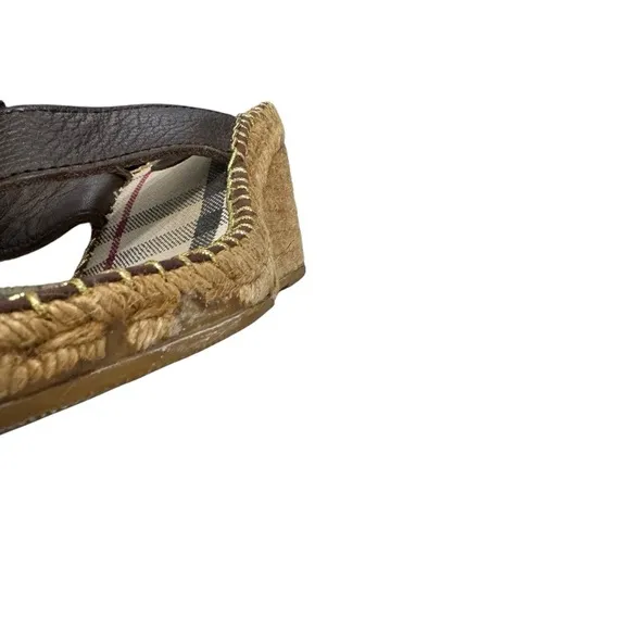 Burberry Nova Check Brown Leather Espadrille Wedge Slides Sandals
