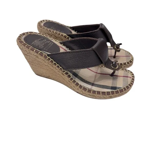 Burberry Nova Check Brown Leather Espadrille Wedge Slides Sandals