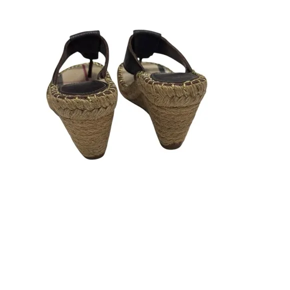 Burberry Nova Check Brown Leather Espadrille Wedge Slides Sandals