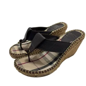 Burberry Nova Check Brown Leather Espadrille Wedge Slides Sandals