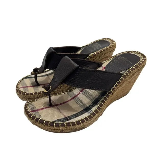 Burberry Nova Check Brown Leather Espadrille Wedge Slides Sandals