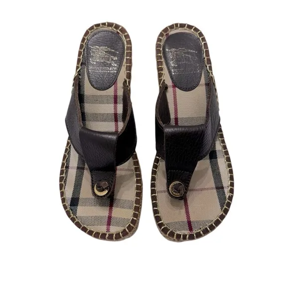 Burberry Nova Check Brown Leather Espadrille Wedge Slides Sandals