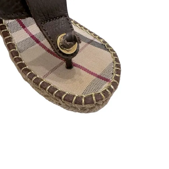 Burberry Nova Check Brown Leather Espadrille Wedge Slides Sandals