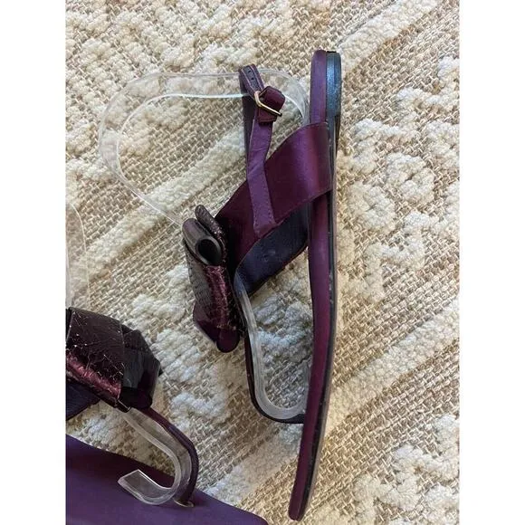 Burberry Sandals 6 / 36 Thong Buckle Satin &amp; Leather Bow Deep Plum Purple Flats