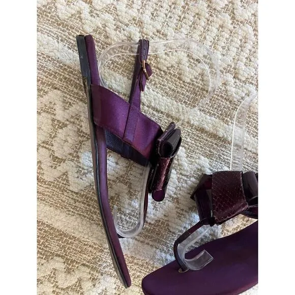 Burberry Sandals 6 / 36 Thong Buckle Satin &amp; Leather Bow Deep Plum Purple Flats