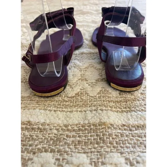 Burberry Sandals 6 / 36 Thong Buckle Satin &amp; Leather Bow Deep Plum Purple Flats