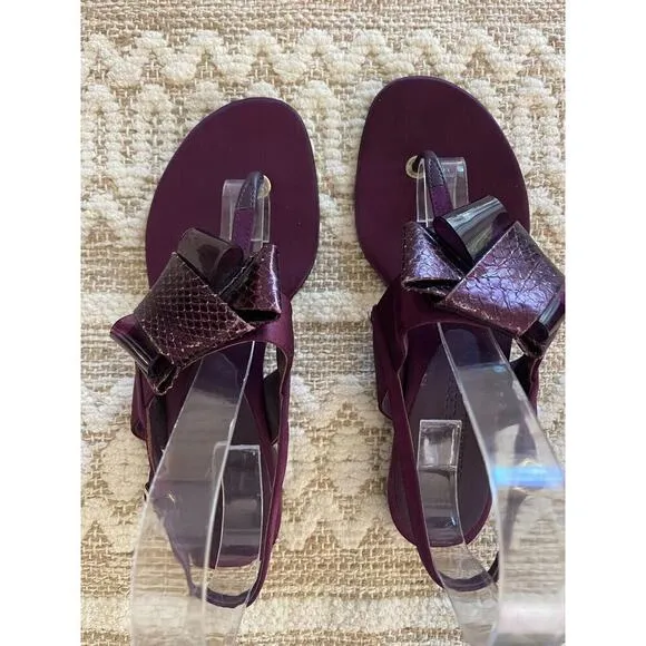 Burberry Sandals 6 / 36 Thong Buckle Satin &amp; Leather Bow Deep Plum Purple Flats