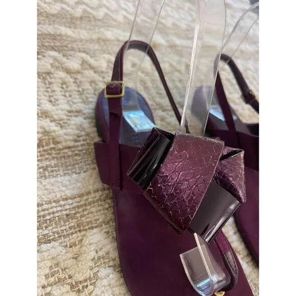 Burberry Sandals 6 / 36 Thong Buckle Satin &amp; Leather Bow Deep Plum Purple Flats