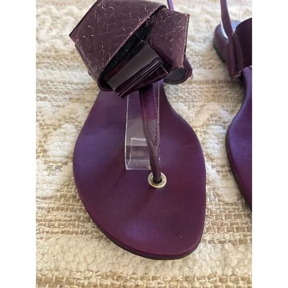 Burberry Sandals 6 / 36 Thong Buckle Satin &amp; Leather Bow Deep Plum Purple Flats