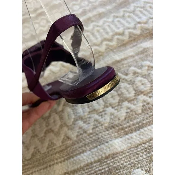 Burberry Sandals 6 / 36 Thong Buckle Satin &amp; Leather Bow Deep Plum Purple Flats