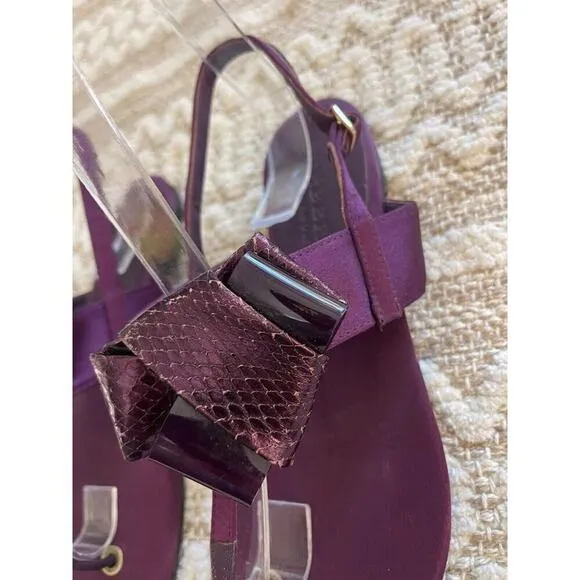 Burberry Sandals 6 / 36 Thong Buckle Satin &amp; Leather Bow Deep Plum Purple Flats