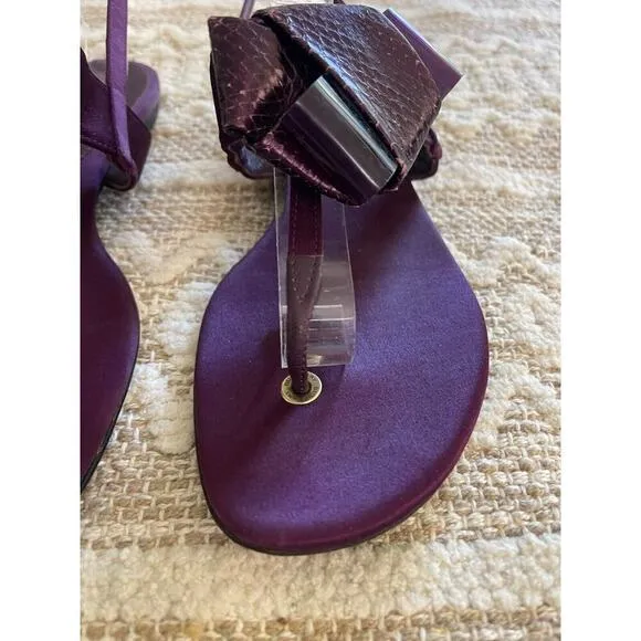 Burberry Sandals 6 / 36 Thong Buckle Satin &amp; Leather Bow Deep Plum Purple Flats
