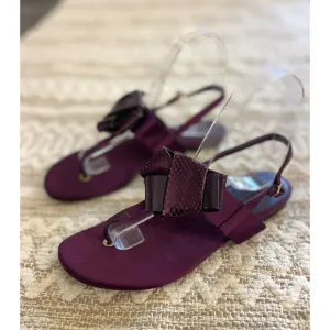 Burberry Sandals 6 / 36 Thong Buckle Satin &amp; Leather Bow Deep Plum Purple Flats