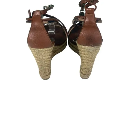 Burberry Tan Check Hearts Espadrille Wedges Sandals Shoes Size 9