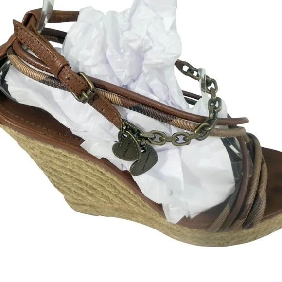 Burberry Tan Check Hearts Espadrille Wedges Sandals Shoes Size 9