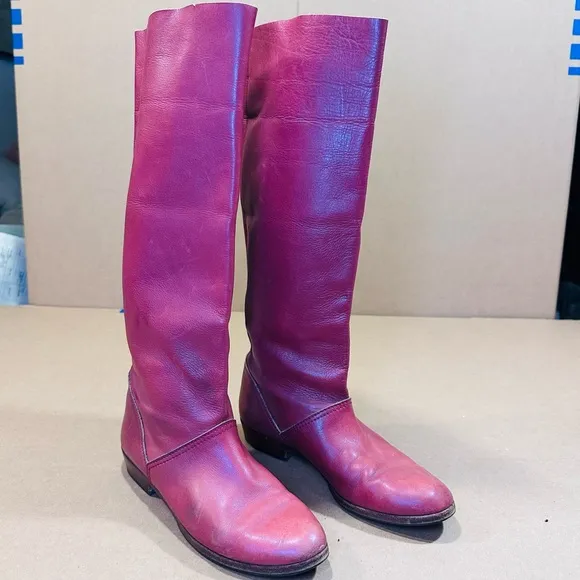 Burgundy Red 80s Slouch Flat Boots Sz 6/36 Soft Italian Leather Pirate Boho