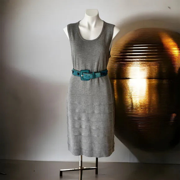 Calvin Klein Sleeveless Tiered Ruffle Trim Sweater Dress in Gray Size Large
