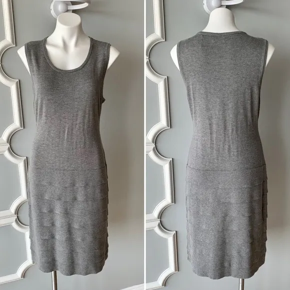 Calvin Klein Sleeveless Tiered Ruffle Trim Sweater Dress in Gray Size Large