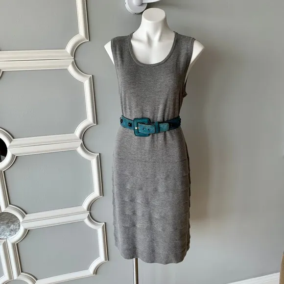 Calvin Klein Sleeveless Tiered Ruffle Trim Sweater Dress in Gray Size Large