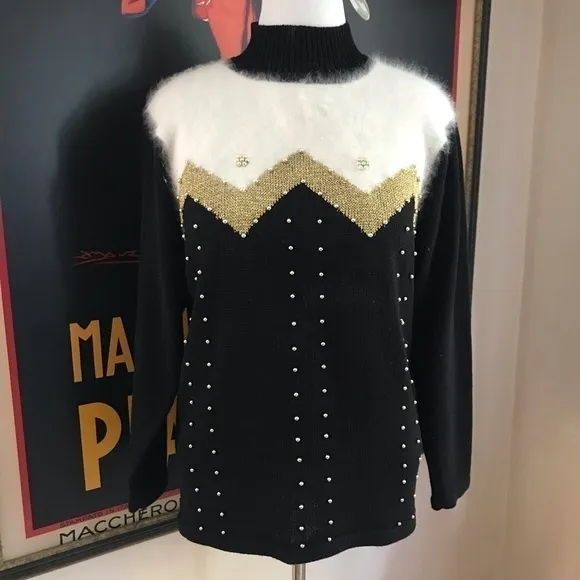 Carducci: Black White and Gold Mock Neck Sweater M