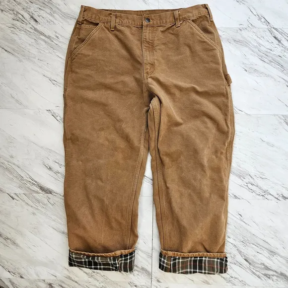 Carhartt Mens Flannel Lined 38x30 Brown Canvas Carpenter Pants Utility Work B111