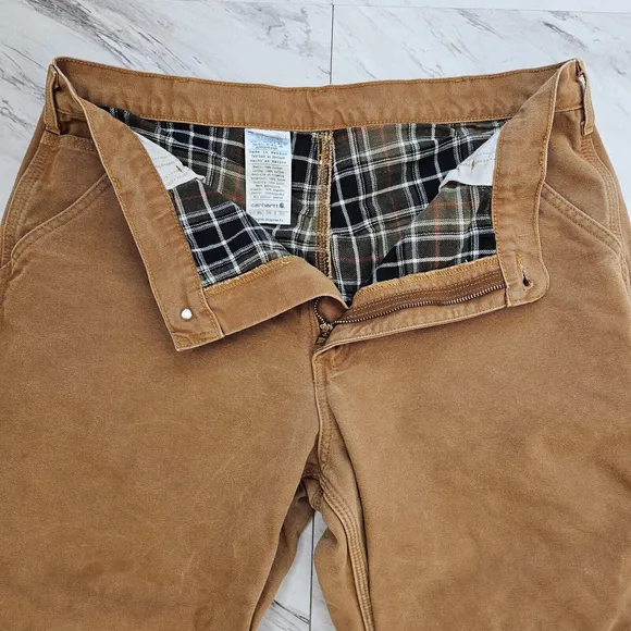Carhartt Mens Flannel Lined 38x30 Brown Canvas Carpenter Pants Utility Work B111