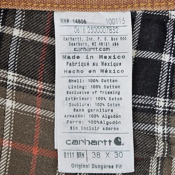 Carhartt Mens Flannel Lined 38x30 Brown Canvas Carpenter Pants Utility Work B111