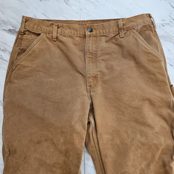 Carhartt Mens Flannel Lined 38x30 Brown Canvas Carpenter Pants Utility Work B111