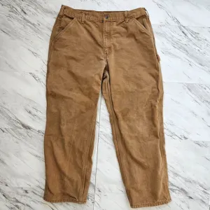 Carhartt Mens Flannel Lined 38x30 Brown Canvas Carpenter Pants Utility Work B111