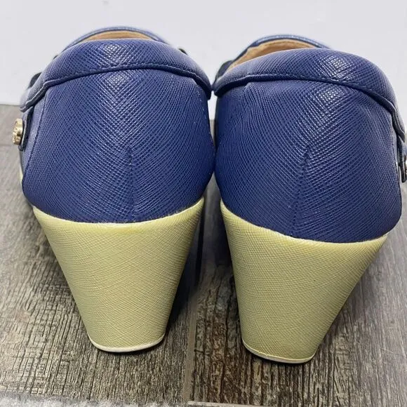 Carlton London Textured Moc-Toe Wedges in Navy Blue with gold accents, size US 9