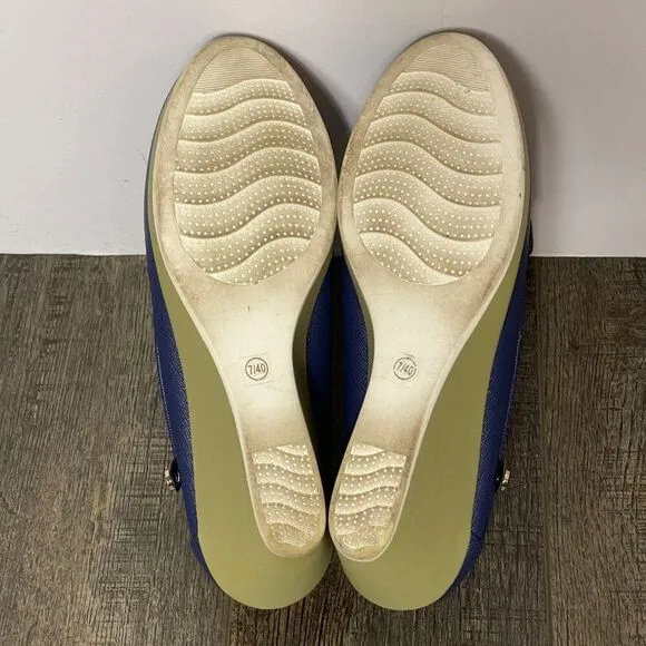 Carlton London Textured Moc-Toe Wedges in Navy Blue with gold accents, size US 9