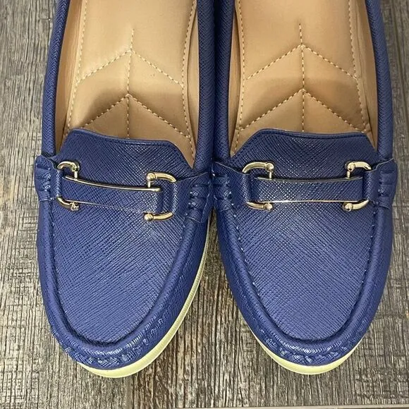 Carlton London Textured Moc-Toe Wedges in Navy Blue with gold accents, size US 9