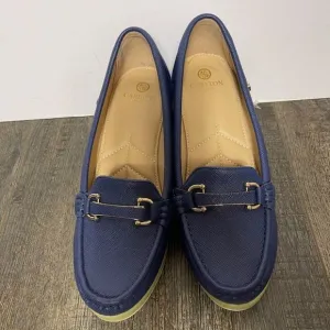 Carlton London Textured Moc-Toe Wedges in Navy Blue with gold accents, size US 9
