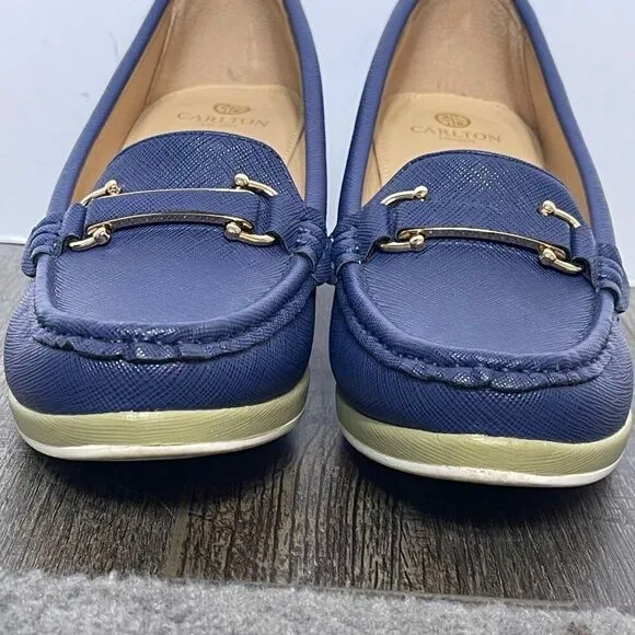 Carlton London Textured Moc-Toe Wedges in Navy Blue with gold accents, size US 9
