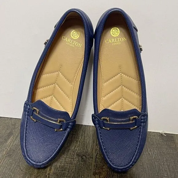 Carlton London Textured Moc-Toe Wedges in Navy Blue with gold accents, size US 9