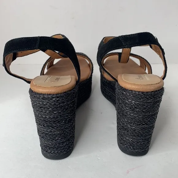 Carmen Saiz black suede T-strap woven jute espadrille platform wedges