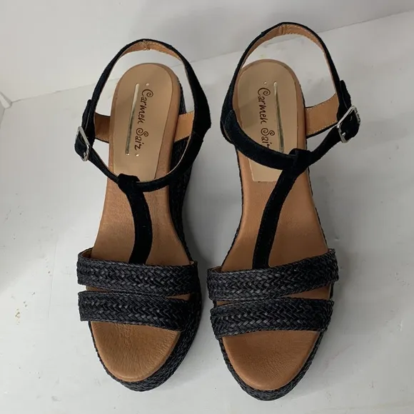 Carmen Saiz black suede T-strap woven jute espadrille platform wedges
