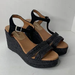 Carmen Saiz black suede T-strap woven jute espadrille platform wedges