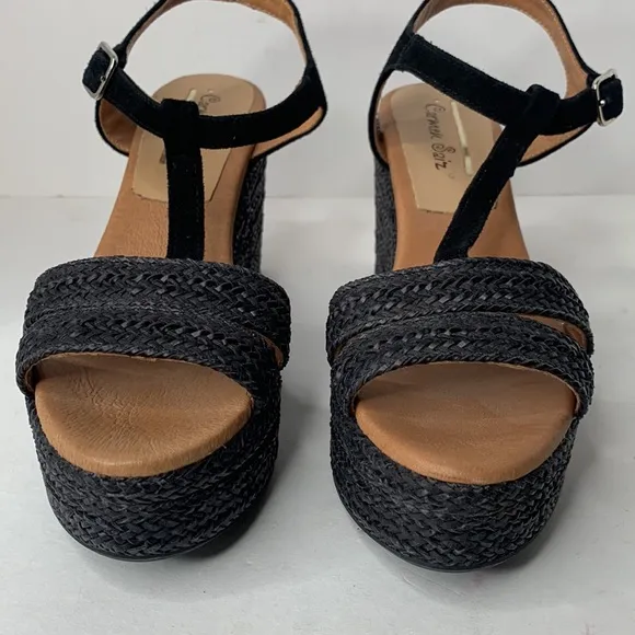 Carmen Saiz black suede T-strap woven jute espadrille platform wedges