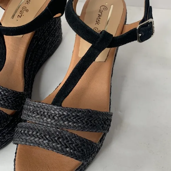 Carmen Saiz black suede T-strap woven jute espadrille platform wedges