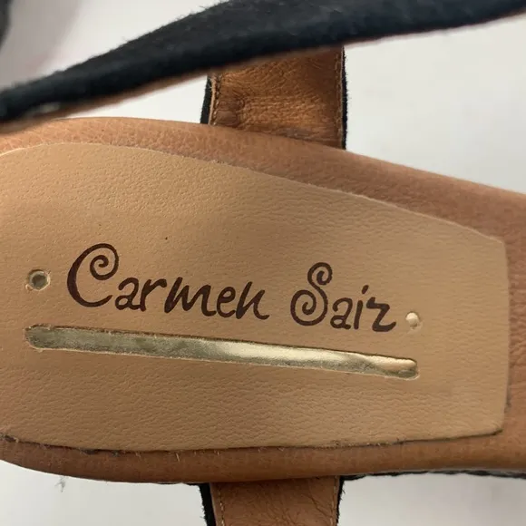 Carmen Saiz black suede T-strap woven jute espadrille platform wedges