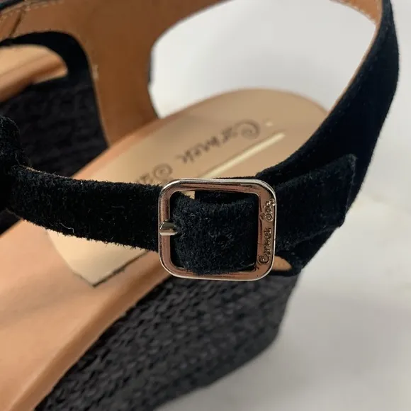 Carmen Saiz black suede T-strap woven jute espadrille platform wedges